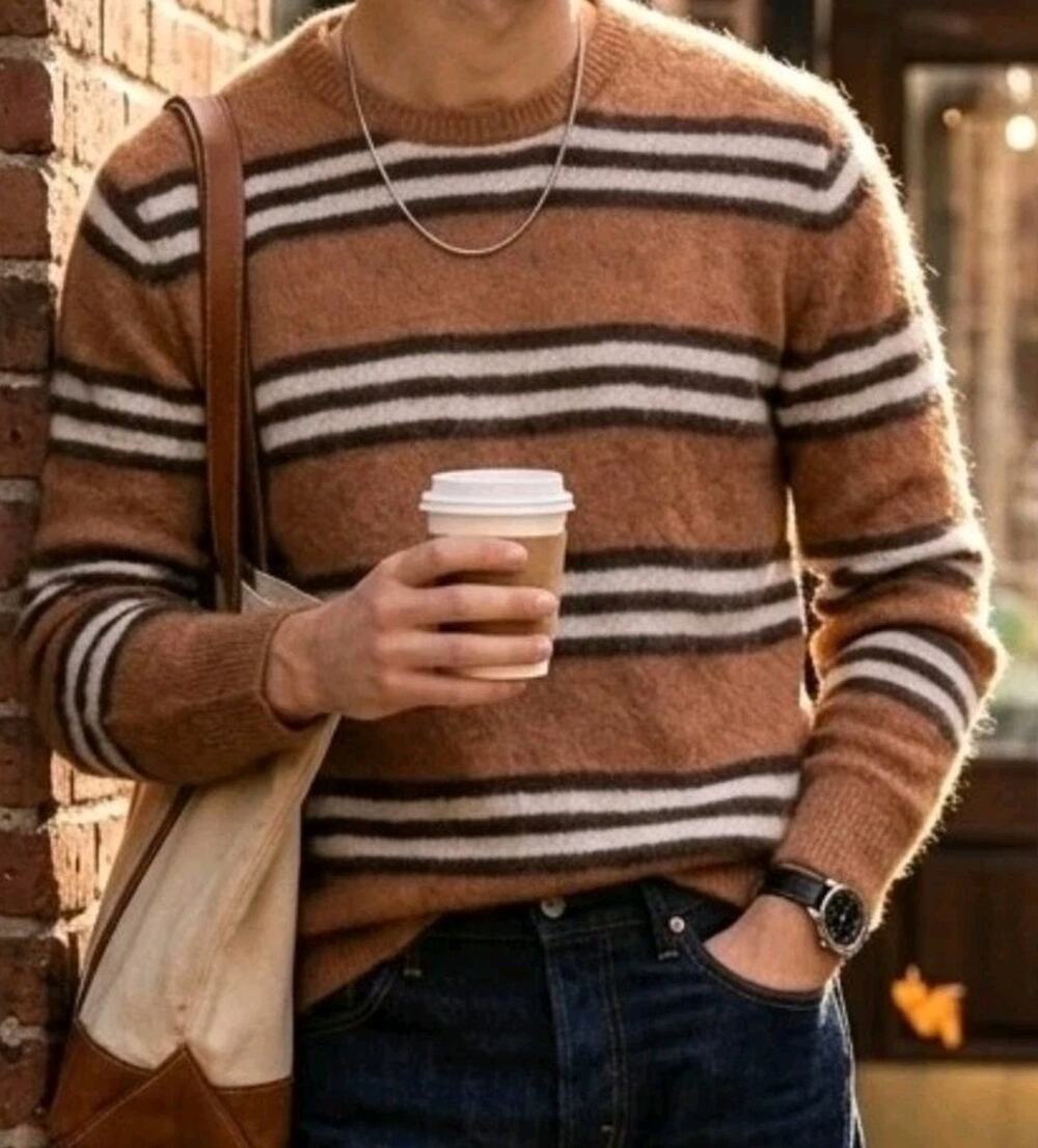 Todd Snyder Sweater Italian Mohair Striped Crewneck Camel/Brown Size Medium Wool